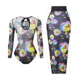 S - XXL Printed Long Sleeve With Sarong One Piece Swimsuit Women Swimwear Female Flowers Padded Bather Bathing Suit Swim K7181