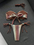 Sexy Coffee Striped Micro Bikini 2026 Women Bandeau Metal Shell Push Up Bra Bandage Thong Swimwear Beach Bathing Suit Swimsuit
