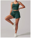 Women's New Summer Yoga Sets Color Blocked Double Strap Workout Tank Top Fitness Suit Drawstring High Waist Short Sport Set