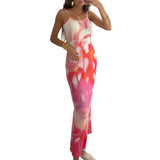Summer Tie-Dye Floral Print Backless Party Dress Women Sleeveless Spaghetti Strap Sexy Bodycon Dress for Vacation Cocktail Beach