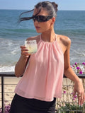 FDYOUI Women's Halter Off Shoulder Camisoles 2026 Summer Sexy Lace-up Backless Pink Tank Top Girls Loose Solid Tops Streetwear