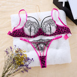 Sweet and cool leopard print patchwork lace lingerie set - Hot girl style mesh embroidered half-cup bra thong set ZA825120