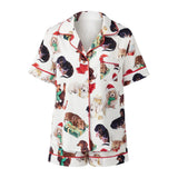 Women's Satin Christmas Pajama Set Short Sleeve Lapel Christmas Elements Print Shirt Shorts Two Pieces Sleepwear