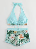 2026 Summer Women's Print Patchwork Swimsuit Sexy Deep V Neck Back Lace-up Swimwear High Waist Shorts Tankini Bathing Suit Beach