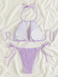 2025 Halter Tie Side Hollow Out Smocked Bikini Women Swimsuit Female Swimwear Two Pieces Bikini Set Swim Bathing Suit Beach Wear