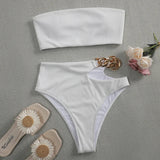 Metal Chain Ribbed Female Bandeau Swimsuit High Waist Bikini Women Swimwear Two-pieces Bikini set Asymmetric Bathing Suit Swim
