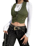 Women Vest Sleeveless V Neck Button Down Tank Tops Gilet with Pockets for Casual Street Gothic
