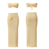 Women’s Two Piece Knit Summer Outfits Strapless 3D Flower Tube Tops and Long Skirt Set Beachwear Sexy Club Holiday Clothes