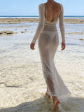 Women Knit Dress See Through Bikini Cover-ups Long Sleeve Crew Neck Backless Long Dresses Club Beach Sexy Swimwear Dresses