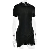 FDYOUI Women's Polo Collar Zip-up Jumpsuit Dress Chic Short Sleeve Folds Solid Bodysuits One Piece Yoga Fitness Sporty Playsuits