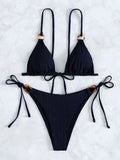 Sexy Rib Texture Triangle String Bikini Set Women Push Up Padded Thong Swimsuit Female Cut Out Bathing Suit Swimwear Biquini