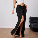 Elegant Black Skirt for Lady Folds High-waisted slit Women's Long Skirt Spring Summer Outfit Fashionable Casual Streetwear Women