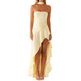 Women Flower Printed Tube Dress Summer Strapless Ruffles High Split Dress with Scarf for Party Cocktail Streetwear