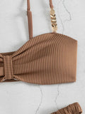 Front Knotted Metal Strap Ribbed Bikini Women Swimwear Female Swimsuit Two Pieces Bikini Set High Cut Bathing Suit Swim Beach