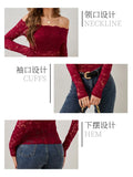 European and American elegant scalloped neckline, off-the-shoulder lace slim fit T-shirt long-sleeved top