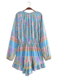 Long Sleeve Spring Summer Short Jumpsuit Women Printed Bohemian Wide Leg Playsuit Female Romper Ruffles Rayon Boho Overalls 2025