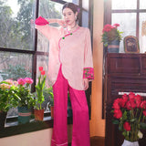 New Chinese style pajamas with breast pads, simulated silk, ice silk home wear, satin jacquard pajamas set
