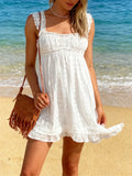 Women Summer Sleeveless Dress Floral Embroidery Hollow Loose A-line Dress for Party Beach Club Streetwear