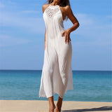Solid Hollow Out Sleeveless Crochet Knitted Tunic Beach Cover Up Cover-ups Beach Dress Beach Wear Beachwear Female Women V7642