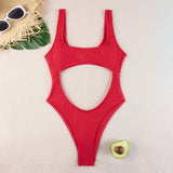 Sexy Hollow Out Thong Bikini 2026 Women Black Red Ribbed Backless Tummy Cut Out One Piece Swimsuit Beach Bathing Suit Swimwear