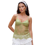 Women Summer Solid Color Party Club Lace Camisole Sheer Mesh Spaghetti Strap V Neck Slim Fit Tank Tops