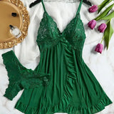 Sexy Lace Lingerie Set for Women, Red Sleepwear Nightdress with Matching Panties, V-Neck Sheer Lace Camisole, Romantic Night