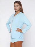 Women Fall 2 Piece Pajamas Set Solid Color Button up Long Sleeves Shirt and Elastic Shorts for Loungewear Soft Sleepwear