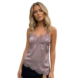 Women Solid Color Lace Trim Satin Camisole V Neck Spaghetti Strap Backless Asymmetrical Tops Trendy Summer Streetwear