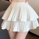 Double-layered Solid Colour High Waist A-line Hundred Mini Cake Skirt Including Safety Trousers Anti-glare Bustier Pleated Skirt