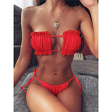 Sexy Pink Bandeau Frilled Bikini Swimsuit Female Swimwear Women Two-Pieces Bikini Set Bather Padded Bathing Suit Swim V1242B