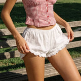 2026 Summer Women’s Lace Trim White Shorts Elastic Waist Casual Loose Lounge Shorts Wide Leg Short Pants