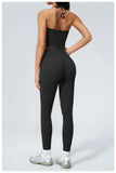 Women Tracksuit 2PCS Seamless Yoga Sets Hanging V Neck Slim Sports Tank Top Fitness Outfits Gym Running High Waist Leggings Suit