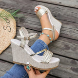 Gold Woven Wedge High Heel Sandals Women 2026 Summer Ankle Buckle Chunky Heeled Sandals Woman Plus Size Platform Sandles Female
