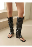 Plus Size Women Open Toe Thong Knee High Boots Metal Buckle Ruched Mid Block Heel Tall Sandal Boots Fashion Streetwear Long Boot