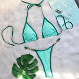Sexy Halter Pearl Extreme Mini Micro Bikini Female Swimsuit Women Swimwear Two-pieces Bikini set Ribbed Bather Bathing Suit Swim