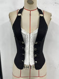Summer Black White Contrast Tank Top Women Hanging Neck Lace Trim Button Slim Fishbone Waistband Camisole Sexy Party Hliday Vest