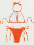 2025 Halter Tie Side Hollow Out Smocked Bikini Women Swimsuit Female Swimwear Two Pieces Bikini Set Swim Bathing Suit Beach Wear