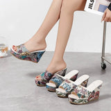 2026 Peep Toe Women's Slippers Fashion Print Wedges High Heels Shoes Casual Slippers Women Summer