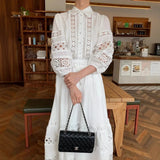 2026 French Retro Heavy Shirt Skirt Hollow Lace Balloon Sleeve Shirt + High Waist Belted Skirt Fashion Suit for Women