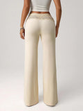 2026 New Women Elegant Solid Color Lace Trim High Waist Wide Leg Pants Casual Loose Palazzo Trousers
