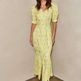 FDYOUI 2026 Summer V-neck Short Sleeve Floral Print Yellow Party Dress Women Single Breasted Lace-up Slim Long Vacation Dresses