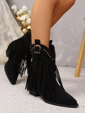 Women Ankle Boots Autumn  Suede Chelsea Boots Pointed Toe Tassel High Heel Shoe Rivet Fashion Retro Cowboy Boots Botas Mujer
