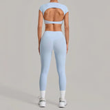 Yoga Set Women's Tracksuit Short Sleeve Back Hollow Out Sports Top Athletic Wear Tight High Waist Pocket Leggings Fitness Suits
