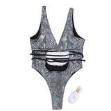 DEKA Women's Mesh Patchwork One Pieces Swimwear Sexy New Hollow Out High Cut Bandage Swimsuit Monokini Push Up Bikini