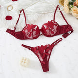 WineRed French-style floral embroidery lace lingerie, sexy and soft steel-bra-cupped push-up bra, Valentine's Day party ZA824031