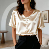 Women's Satin Short Sleeve T Shirt With Pearl Buttons Solid Color V Neck Loose Fit Elegant Office Lady Tees Summer Commuter Top