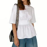2026 Summer Women's Peplum Tops Casual Elegant Stylish Bow Backless Loose Shirts Crew Neck Elbow Sleeve Blouse