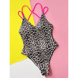 S - XL Sexy Leopard Printed V Neck Women Swimwear One Piece Swimsuit Female Backless High Leg Cut Bather Bathing Suit Swim V4808
