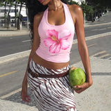 FDYOUI 2026 Summer Flower Print Pink Tank Tops for Women Casual Sexy Backless Crop Top Girls Sleeveless T-shirt Y2K Streetwear