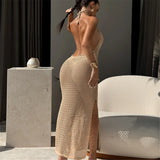 Halter Hollow Out Backless Crochet Knitted Tunic Beachwear Beach Dress Beach Wear Female Beach Cover Up Cover-ups Women V7504